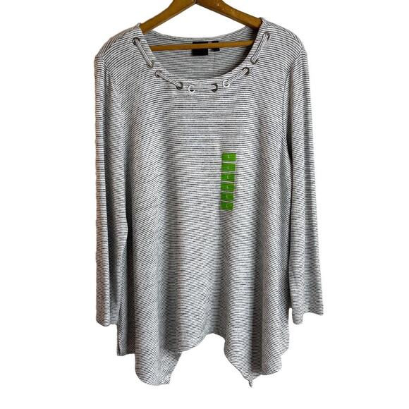 Rafaella Women's Tunic Sweater Sz L Striped Gray & White Asymmetric Grommet Neck - Picture 1 of 9